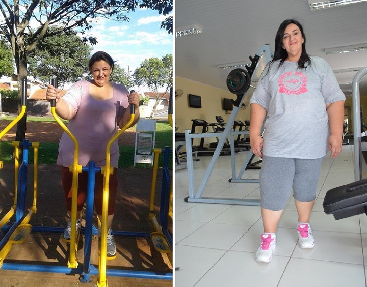 Mara antes com 162,9 kg e depois: 129 kg – Foto: Arquivo pessoal e Glaucia Piovesan/Jornal da Nova